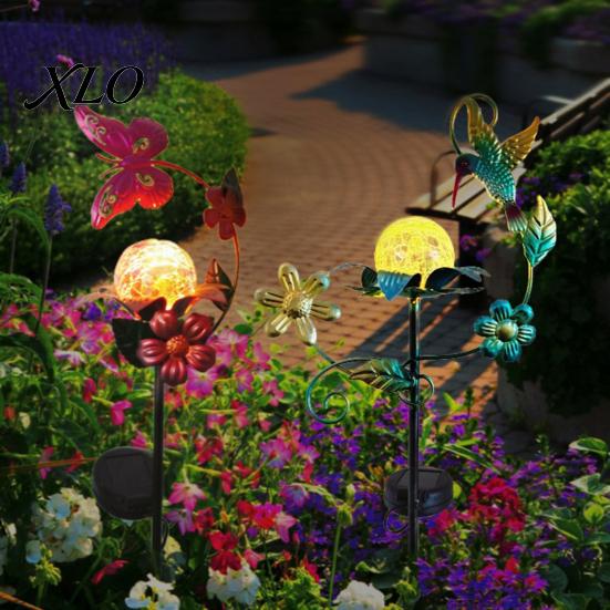 Patio Path Lighting Solar Glass Cracked Ball Garden Light, Butterfly Hummingbird Metal Bee Decor for Balcony Stake Waterproof Outdoor Yard Lamp