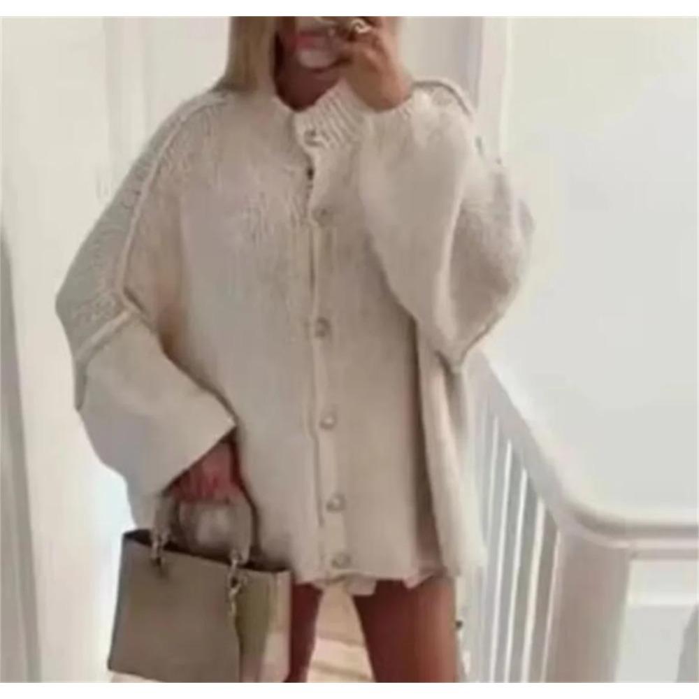Fashion Loose Sweater for Women O-neck Metal Button Cardigan Single Breasted Autumn Winter Casual Coat Female Outfit Tops