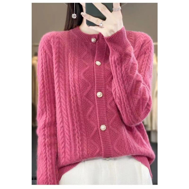 Весенний круглый вырез жакет с закруткой длинный рукав воротник стойка однотонный вязаный кардиган