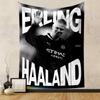 A monochrome design with bold text and a waving soccer player in focus. Patterned tapestry for bedroom and living room home decor