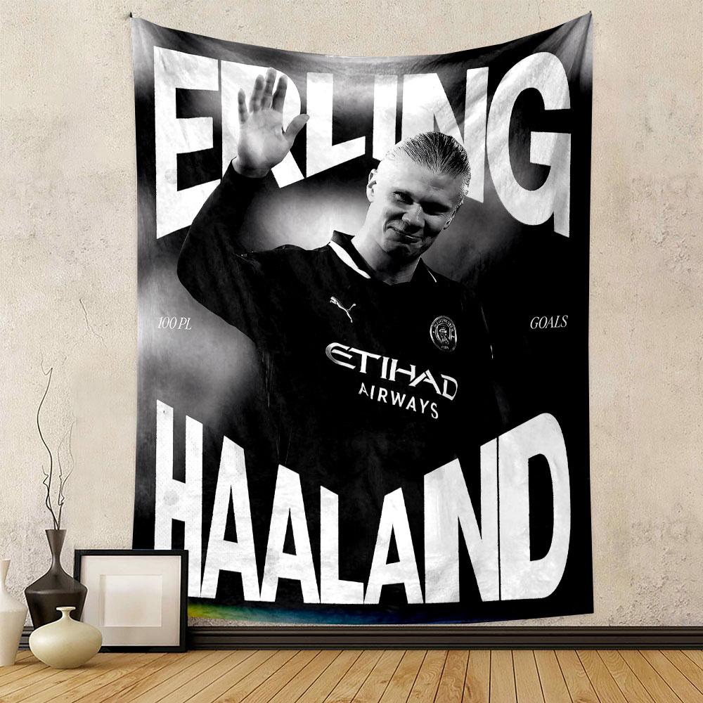 A monochrome design with bold text and a waving soccer player in focus. Patterned tapestry for bedroom and living room home decor