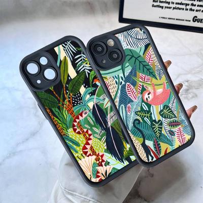 Чехол для iPhone 17 16 15 14 13 12 11 Pro Max Plus, Черный, Полное покрытие, ТПУ, Ударопрочный, С принтом тропических джунглей, леопарда, ленивца