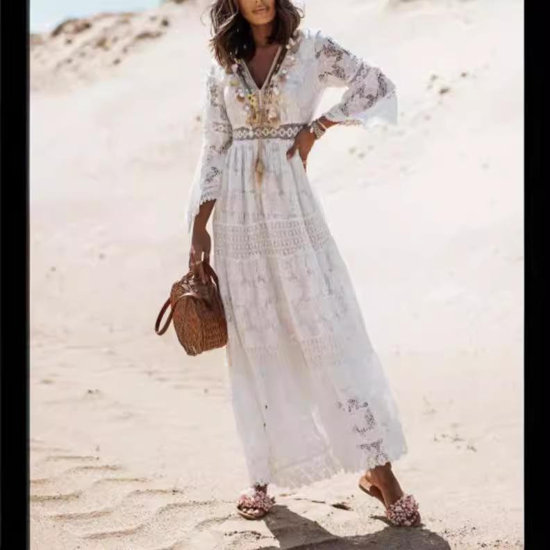 Женское кружевное платье с длинным рукавом и V-образным вырезом