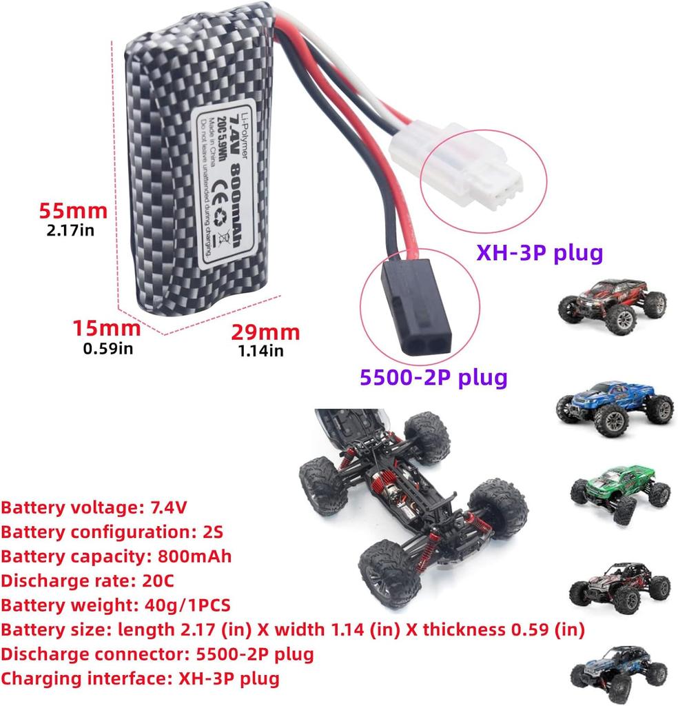 2× 7.4V 800mAh LiPo аккумулятора – Совместимы с радиоуправляемыми машинами 9130, 9135, 9136, 9137, 9138, 914 – Высокая емкость – Черный