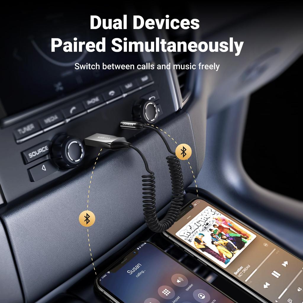 Ugreen Bluetooth Автомобильный Bluetooth Автомобильный USB Одновременное подключение с двумя Диапазон связи SBC Задержка Не требует зарядки Сертификация Серебристый 5.3