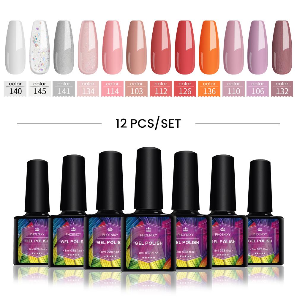 PHOENIXY Набор гель-лаков для ногтей, 12 цветов, набор геля для замачивания с чистым цветом для дизайна ногтей, стартовый набор для начинающих, сделай сам, дома