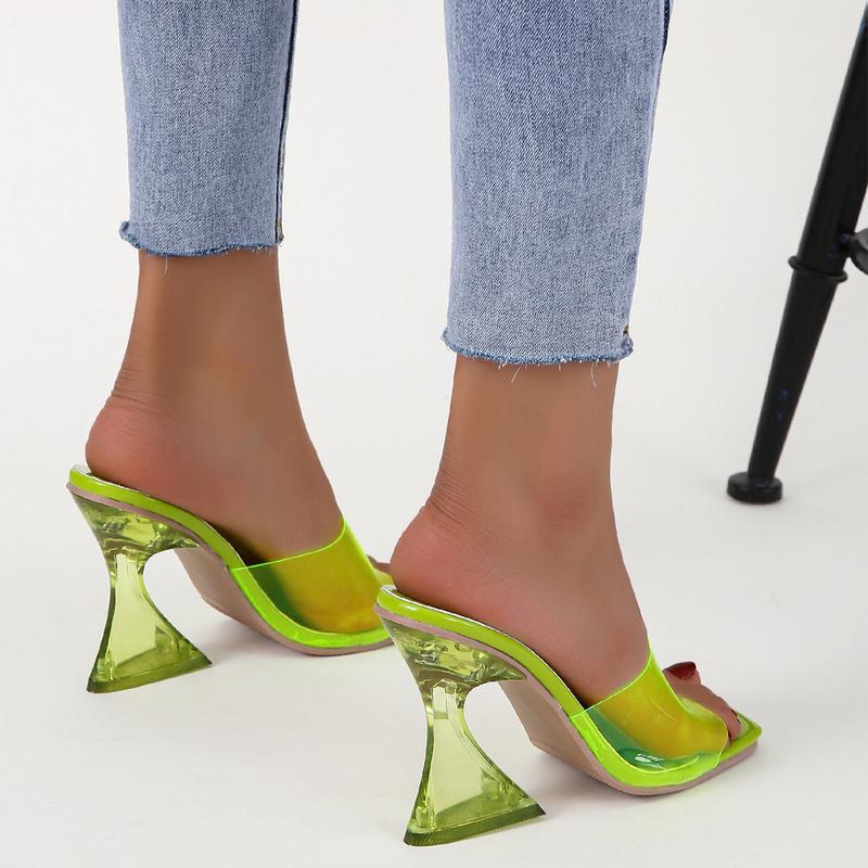 Летние новые прозрачные туфли-шлепанцы на фигурном каблуке конфетных цветов для женщин, большие размеры 35-41, сексуальная свадебная обувь, роскошная женская обувь