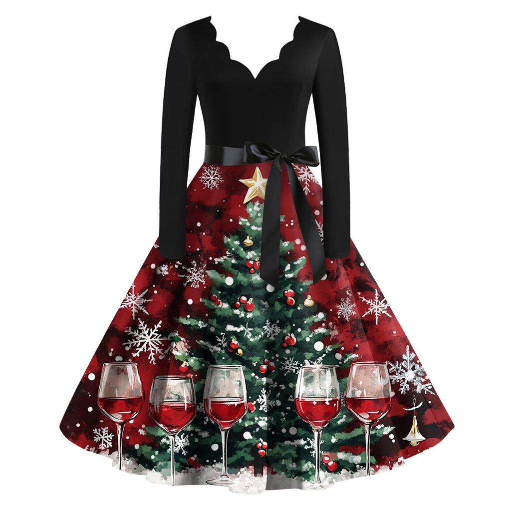 Women's Christmas Printed V-neck Large Hem Dress Long Sleeve Dress