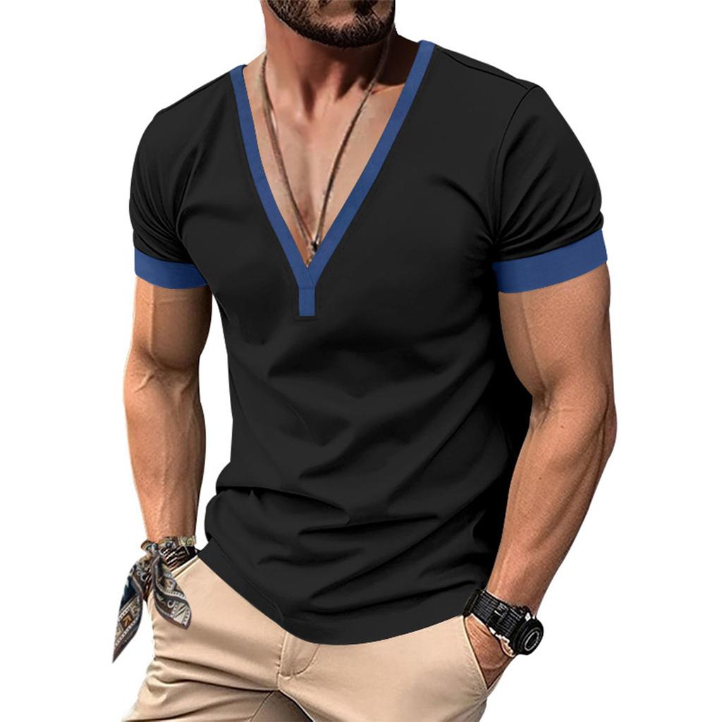 Men'S Fashionable Casual V-Neck T-Shirt Button Short Sleeved Top