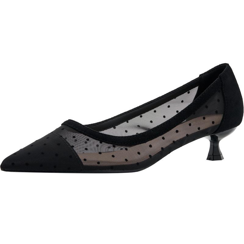 Comemore 2025 Spring Summer Thin Heels Pumps Women Pointed Toe High Heel Work Shoes Dot Mesh Vintage Elegant Shallow Stiletto 43
