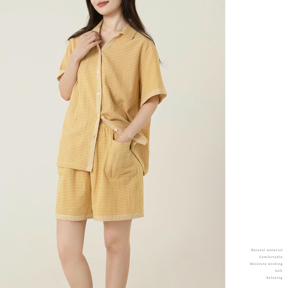 Да Семейный Пижамный Шорт из Двойной Марли Передняя Клетка Размер Желтый Женский Комплект, 100% Хлопок, Рукава, Разрез, Рисунок, XL,