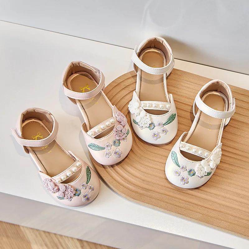 Детские туфли ханьфу с цветами 2024 года, летние туфли для девочек в китайском стиле из кожи для вечеринки, свадьбы, классические вышитые туфли принцессы