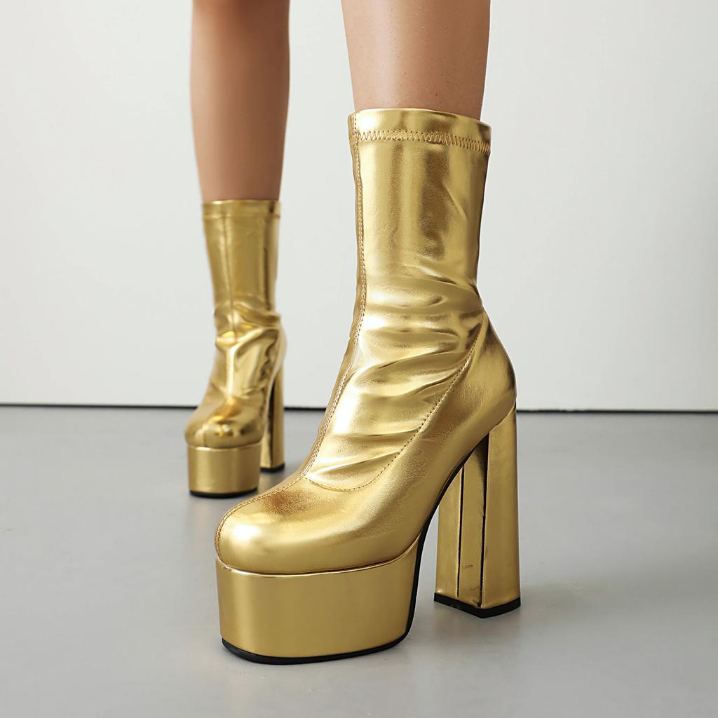 Sung Fit Ankle Boots Women's Platform Stretch Boots Soft PU Comfy Chunky High Heels Shoes Slip On Gold Silver Balck White Brown