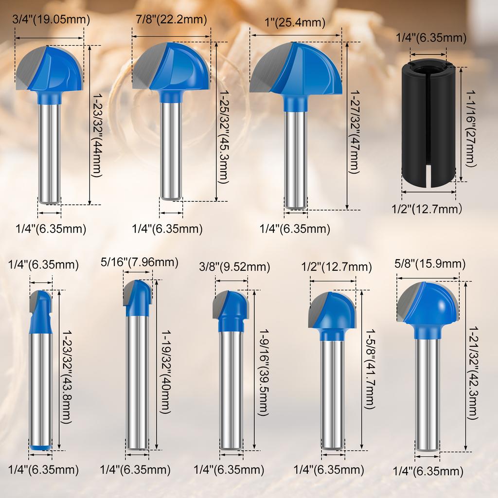 8pcs Cove Box Cemented Carbide Router Bit  1/4" Shank Round Nose for Woodworking, MDF and Plywood Half Round Groove Router Bit