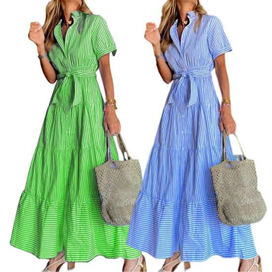 Свободное женское платье Подчеркивает фигуру Смесь хлопка Однобортное Полосатое платье-рубашка