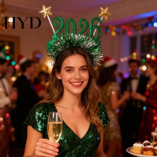 Holiday Celebration Headband 2026 Glitter for New Years Eve Christmas Party Sparkling Frame Hair Accessory with Stars Festive Countdown Headwear