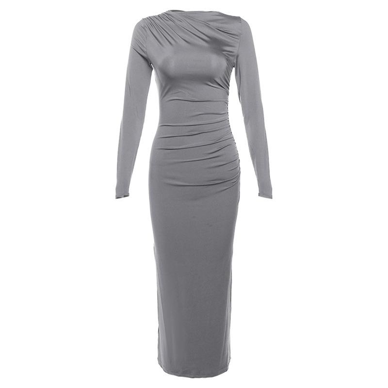 New Autumn and Winter Women's Fashion Round Neck Long Sleeve Slim Fit Hip Solid Color Temperament Dress