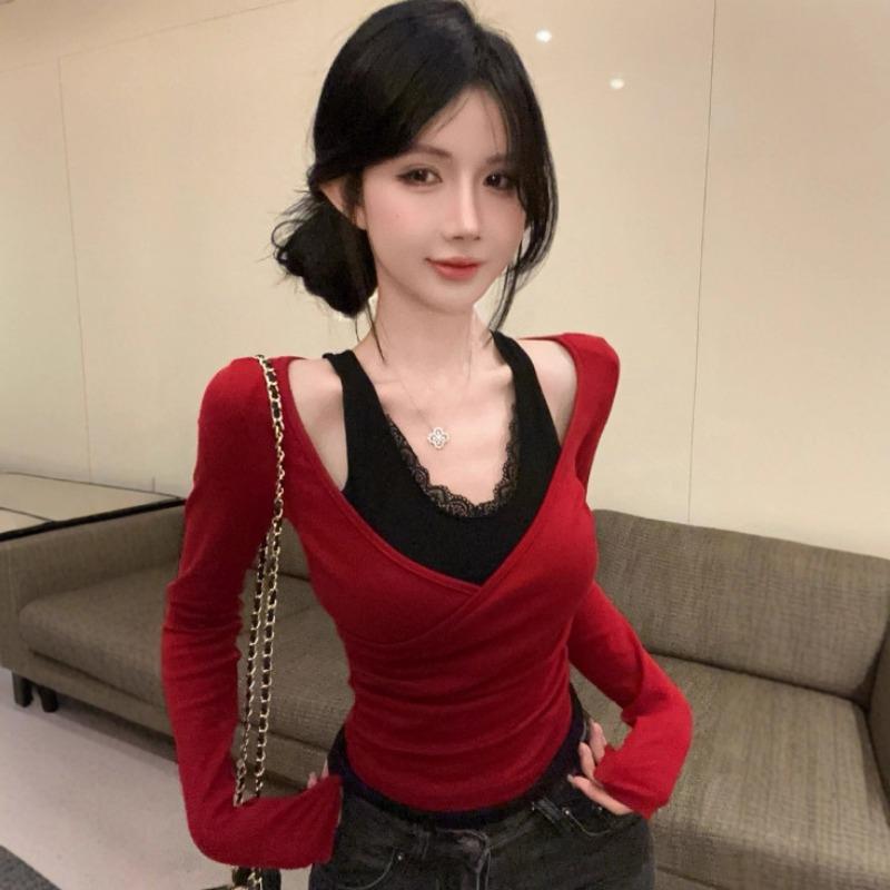 Women S Sexy Lace Mock Two Piece Short V Neck Long Sleeve Top For Women