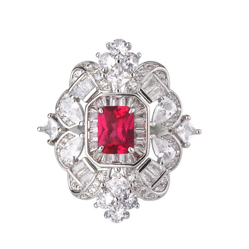 Pink zirconium ring Royal blue red corundum ring European and American retro inlaid zircon square ring ring