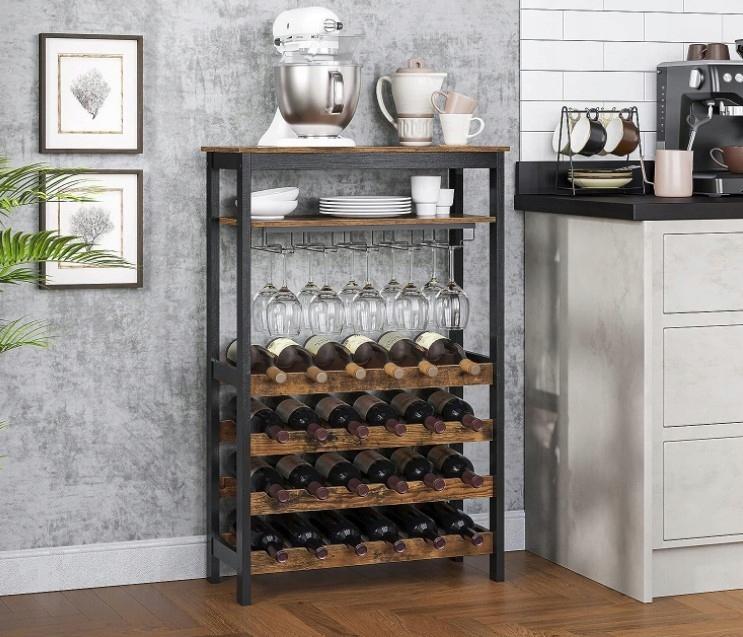 Shelf rack for wine and glasses. Wooden loft wine cabinet.