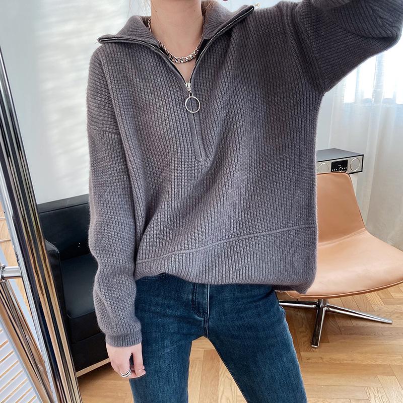 Hirsionsan Zipper Turn-down Collar Autumn Sweaters Women Cashmere Soft Loose Solid Female Knited Pullovers 2021new Thick Jumper