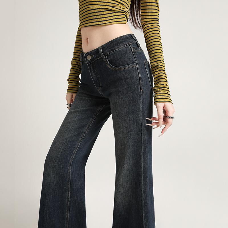 Cement retro blue low-rise micro-flared jeans women's elastic non-stick leg flared pants