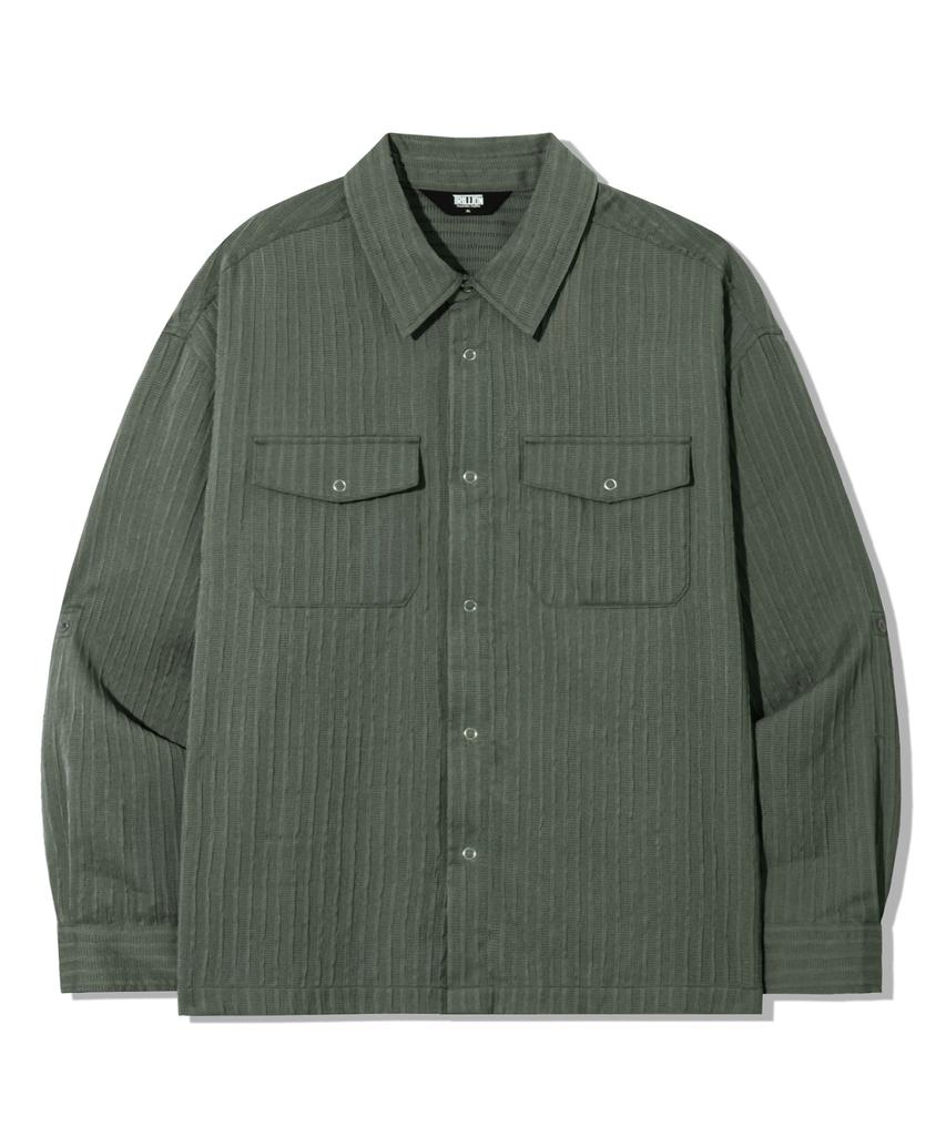 TRILLION Wrinkle Sheer Oversized Roll-Up Long Sleeve Shirt_Khaki