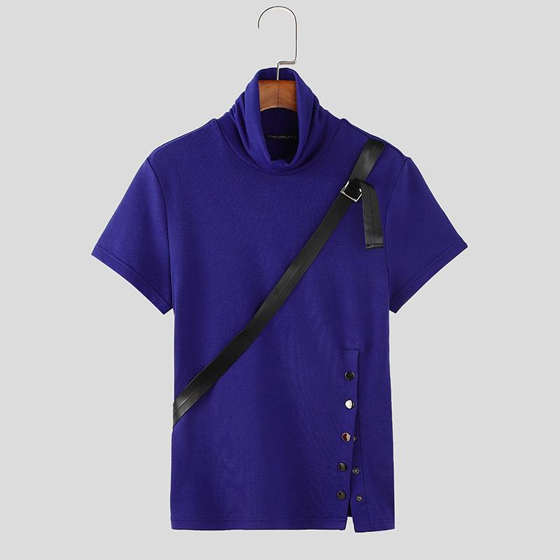 INCERUN Мужская водолазка с коротким рукавом и поясом из искусственной кожи в стиле пэчворк, повседневные облегающие футболки, топы