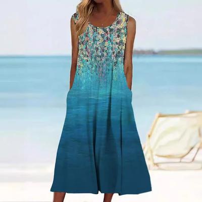 Повседневное свободное платье А-силуэта Платье с цветочным принтом Круглый вырез Без рукавов Длинное платье Модные повседневные повседневные платья