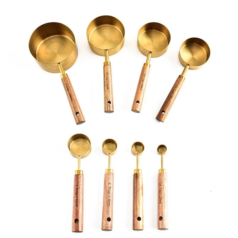 8Pcs Set Stainless Steel Measuring Cups Spoons with Wooden Handle Multifunctional Portable Measuring Tools Kitchen Accessories