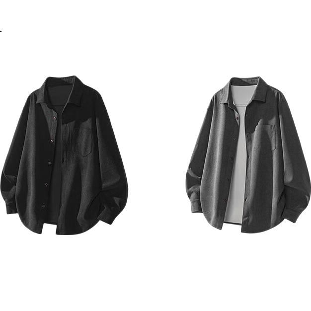 Dingfengbaoluo Japanese Style Vintage Long Sleeve Men's Autumn Solid Color Casual Loose Fit Polo Shirt XGM70 Black XL