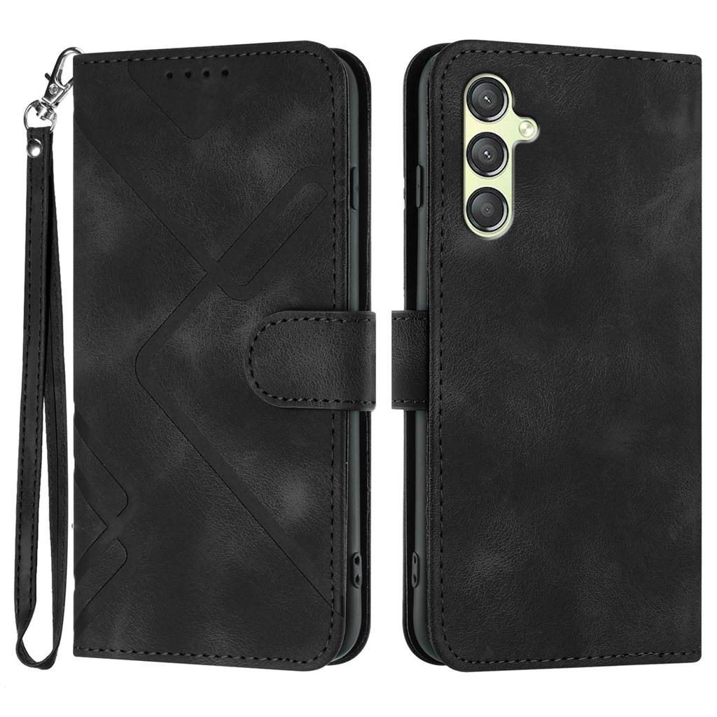 For Samsung Galaxy A24 4G (162.1 X 77.6 X 8.3mm) Wallet Case Line Imprinted PU Leather Phone Cover with Strap