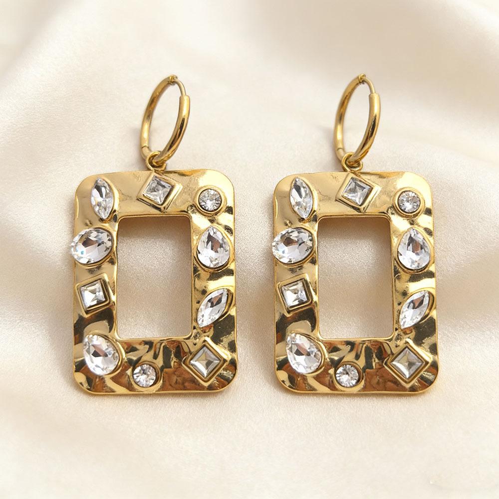 Geometric square diamond inlaid 304 stainless steel earrings, versatile, 18K gold, electroplated, non fading, exaggerated earrings
