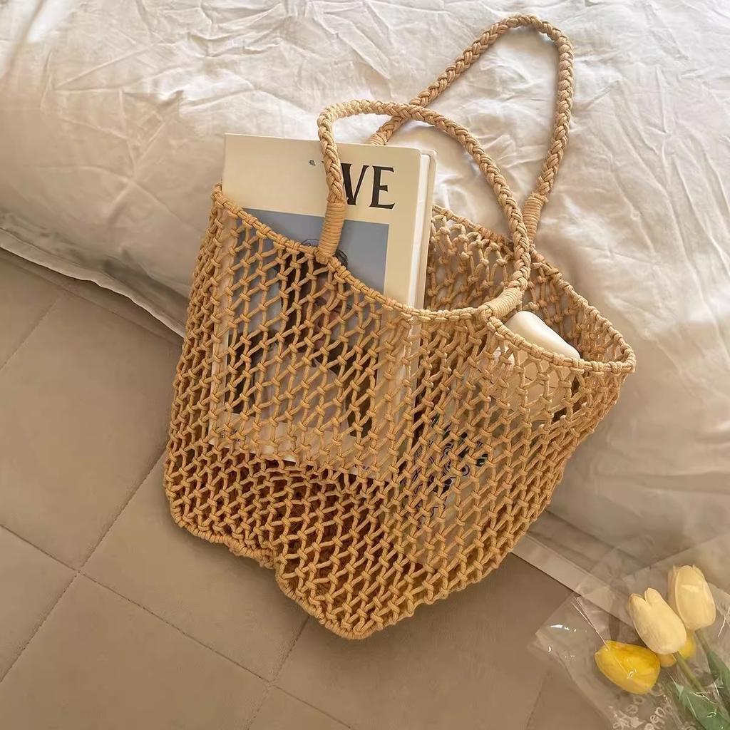 Сумка через плечо, Отпуск, Плетеная женская сумка из хлопковой веревки, Ленивая, Летняя, Ажурная, Большая вместимость, Ручная пляжная сумка