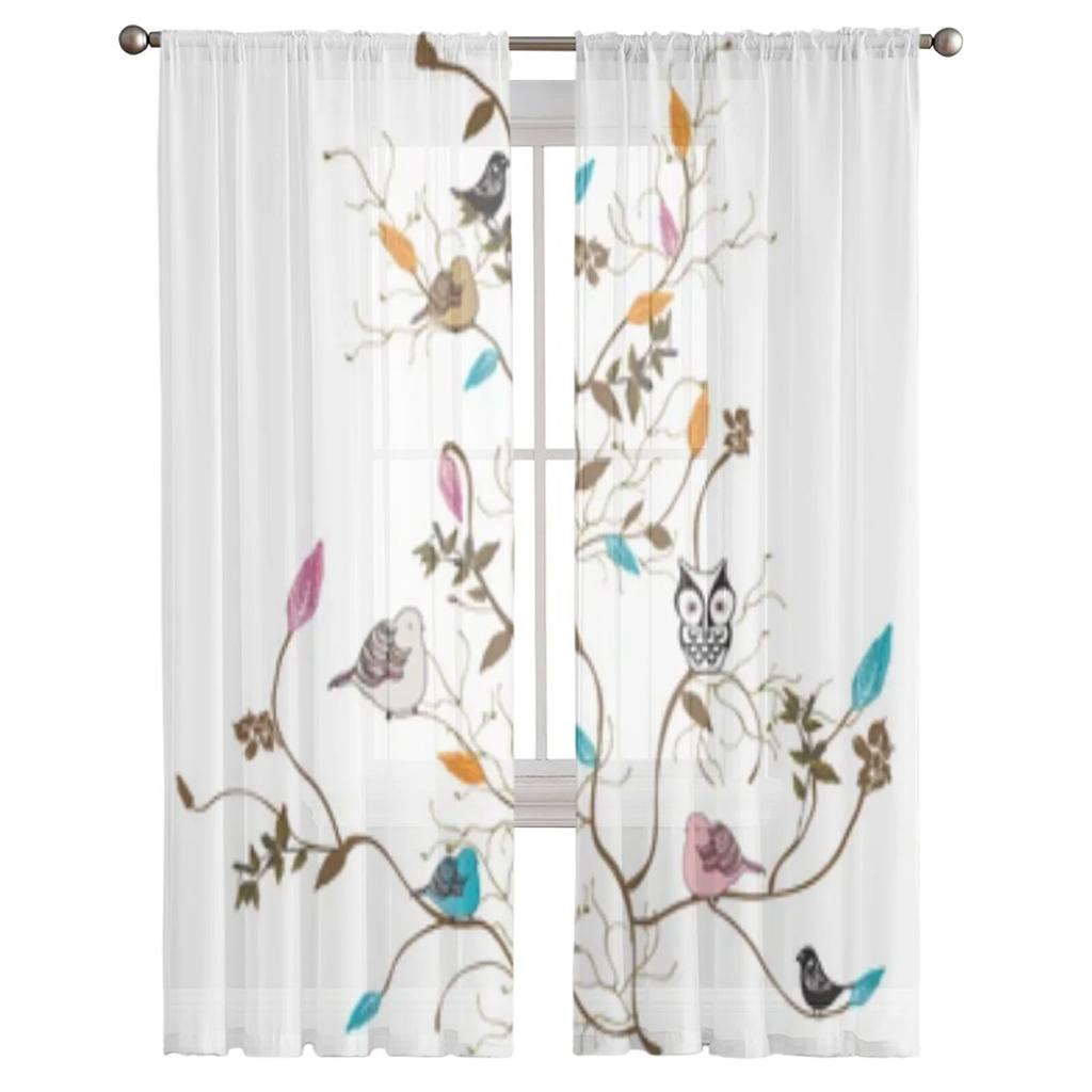 Прозрачные шторы с птицами на ветках для гостиной, тюлевые шторы для детской спальни, кухонные шторы для окон