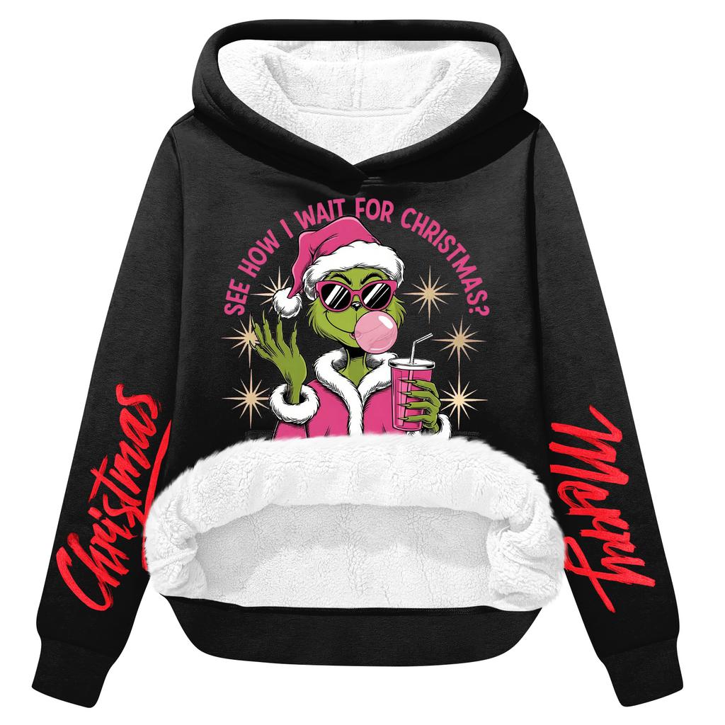 Женская повседневная модная толстовка с капюшоном большого размера, утепленная флисом, с рождественским принтом