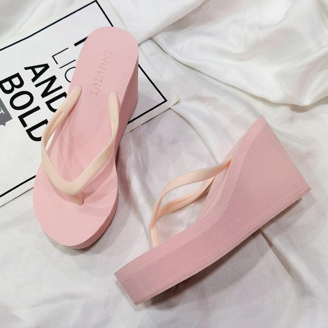 Summer Women's Shoes Beach Flip-flops Platform Sandals High-heeled Sandals Solid Color Skateboard Slippers Women Heels