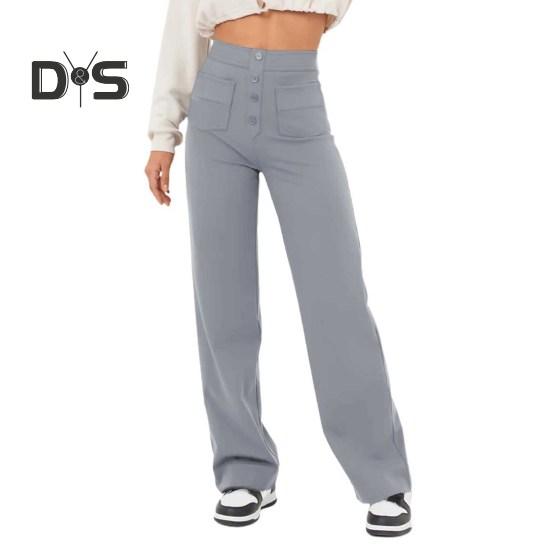 Women Pants Solid Color Elastic Waist Straight Leg Casual Trousers with Multi-Pocket Design Leisure Long Pants