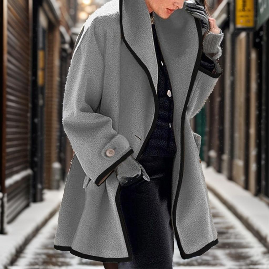 Women's Long Coat with Black Trim, Button Front Closure, Multiple Colors (Blue, White, Red, Beige, Purple, Gray, Black)