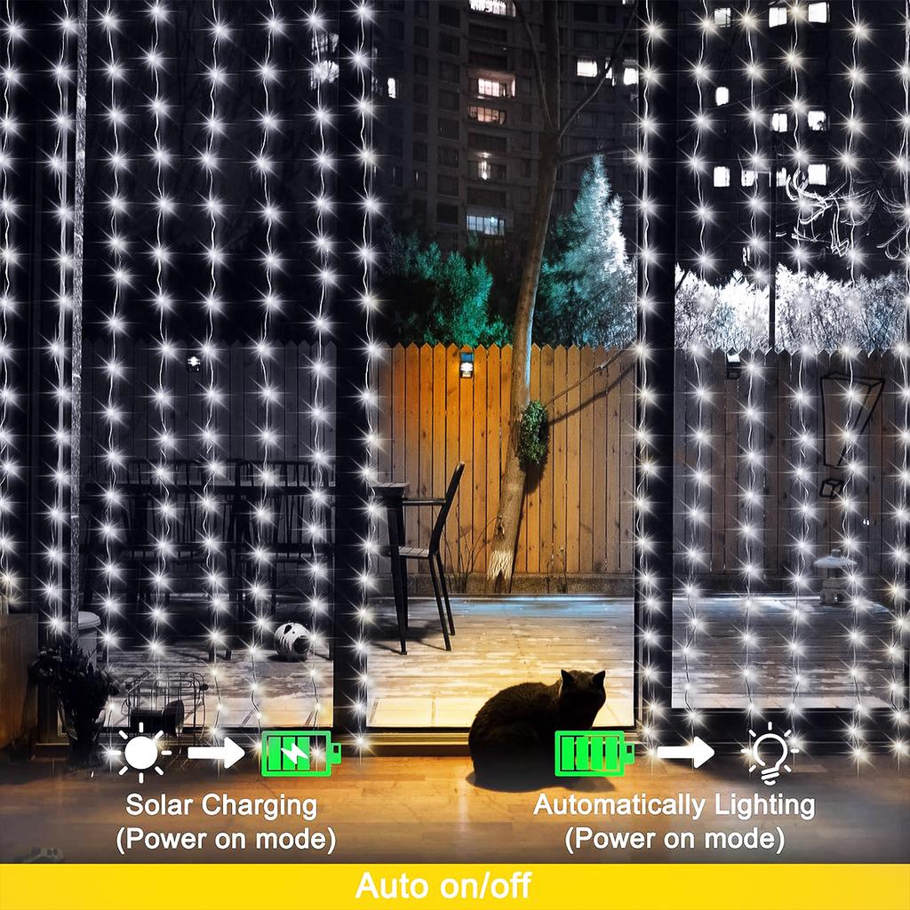 Solar Curtain String Lights Outdoor Fairy Lights Powered Twinkle String Lights 8 Modes for Home Garden Patio Christmas Decor