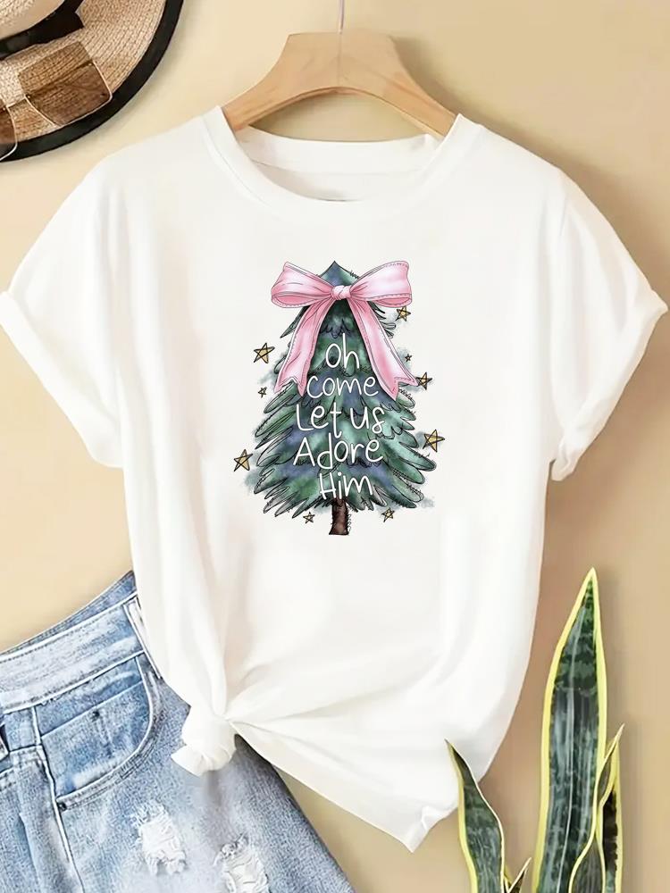 (Asian Size) New Year T Clothing Short Sleeve T-shirts  Print Merry Christmas Plaid Tree Style O-neck Women's Top Fashion Holiday Graphic Tee