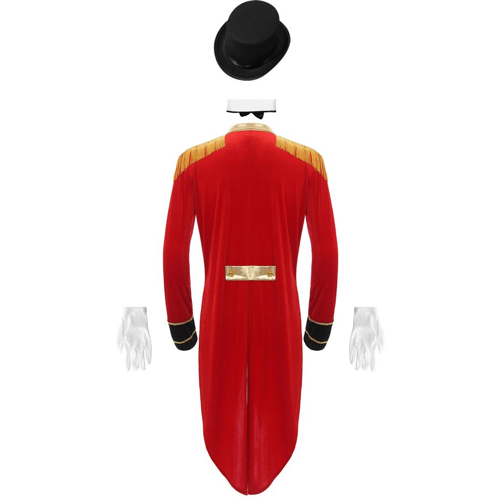 Мужской костюм циркового конферансье, комплект, сюртук с лацканами и бахромой на плечах, длинный рукав, шляпа, воротник, перчатки, карнавальный косплей
