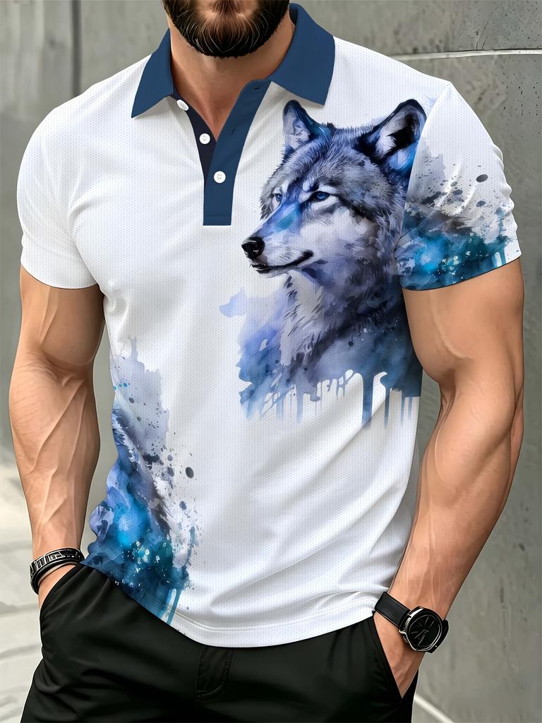 Men'S Summer Polo Shirt, Breathable Short Sleeves, Versatile Business Casual Top with a Gradient Ink Wolf Head Print, Casual Collar Wild Style Shirt