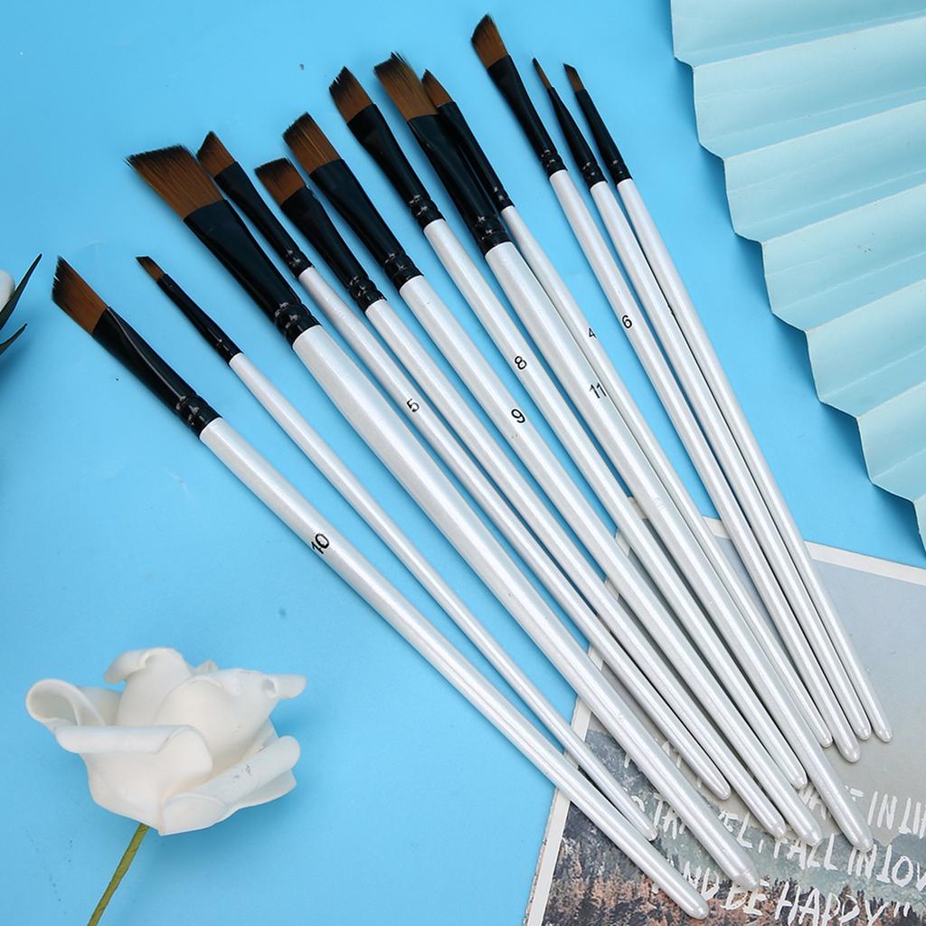 12Pcs Nylon Hair Paint Brushes Set Wood Handle Pearl White Variety Style Oil Acrylic Drawing SuppliesC Oblique Head