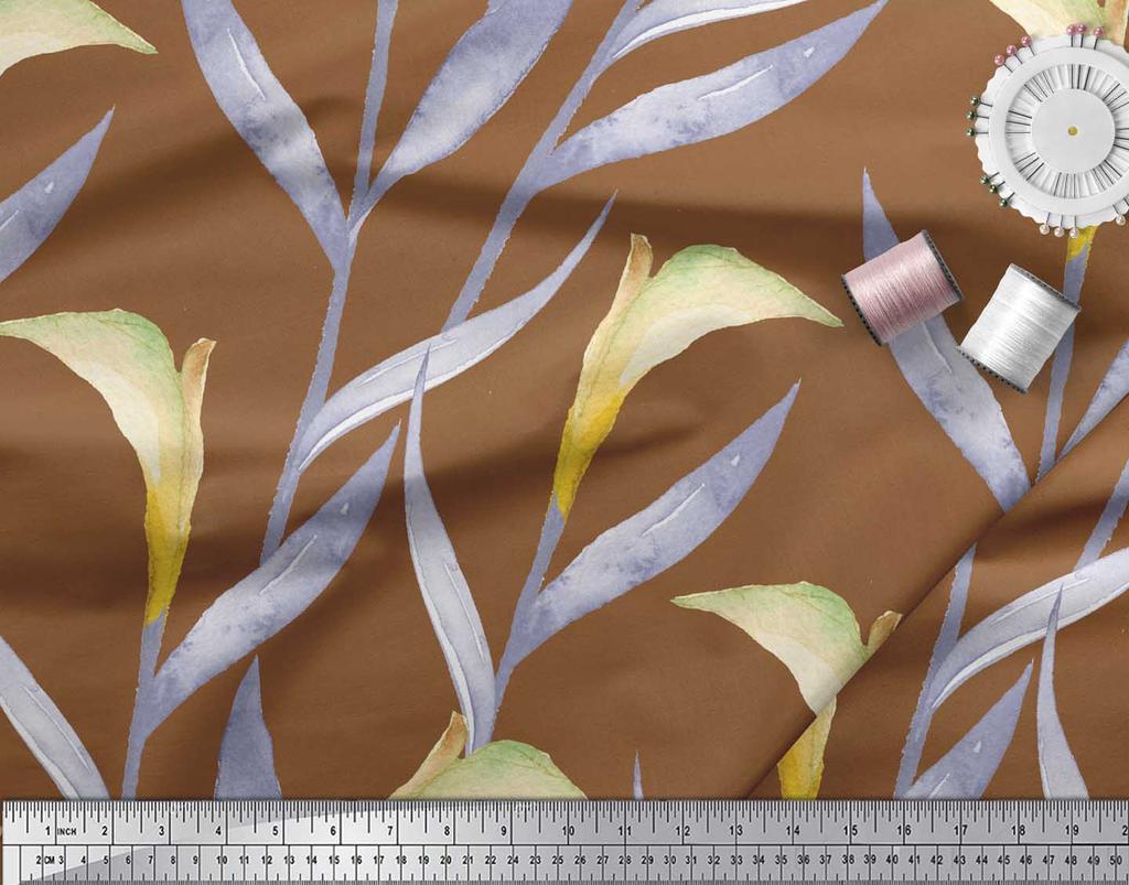 Soimoi Черный японский креп-сатин Ткань Листья Акварельный Принт Ткань на метр 42 дюйма