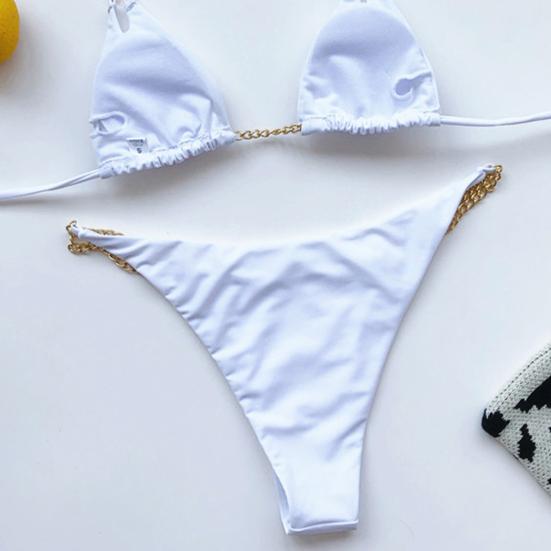 Women Metal Chain Lacing Halter Bra Swimsuit Bikini Triangle Underwear Set for Swimming