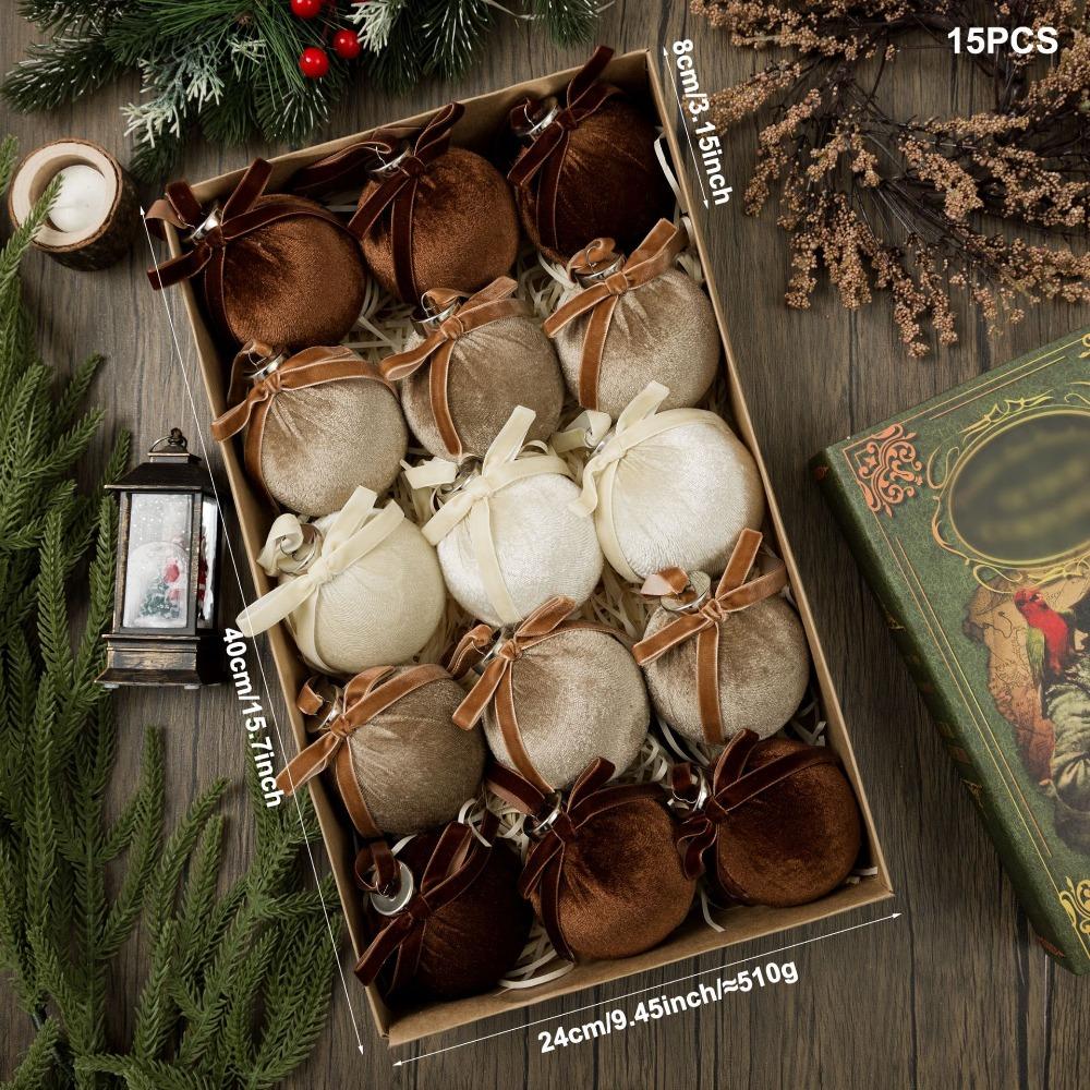 15pcs Velvet Christmas Ornaments Christmas Ball Ornaments Soft Plush Texture Ribbon Bow Ornaments