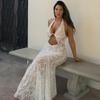 White Hollow Out Sexy See Through Dress For Women Sleeveless Slim High Waist Patchwork Backless Beach Long Dresses Lady Elegant Evening Dress Femme