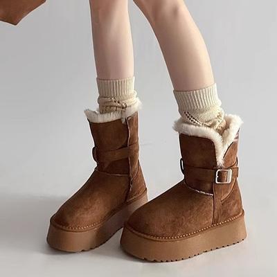2025 осень и зима новинка два способа носки утолщенные средней длины с пряжкой на ремне бархатные теплые хлопковые туфли тренд увеличение толстой подошвы сноубутсы женские