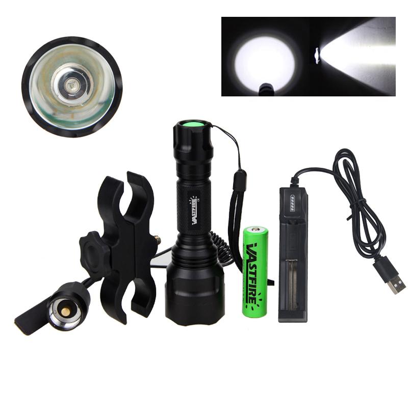 C8 LED Flashlight White/Green/Red Tactical Hunting Rifle Lantern+Pressure Switch+Rail Scope Mount+18650+USB Charger